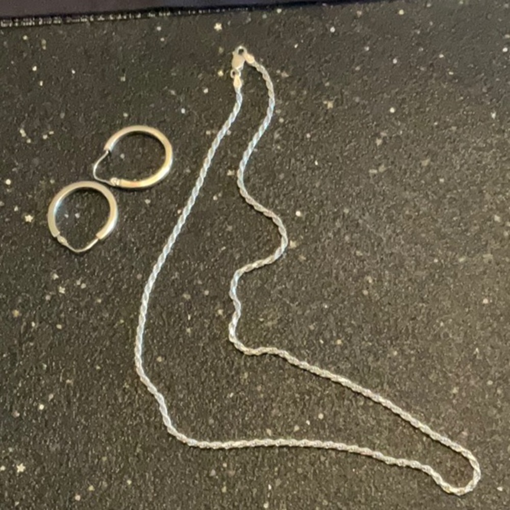 Sterling silver (925 stamped) twisted rope chain with 1” sterling hoops